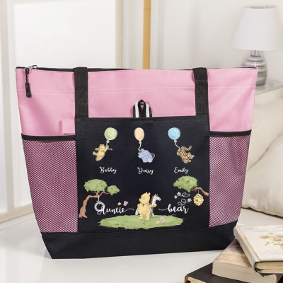 Custom Names Classic Winnie the Pooh Mama Bear Tote Bag, Large Capacity Oxford Cloth Handbag with Mesh Pocket, Mother's Day Gift for Wife/Mom/Grandma