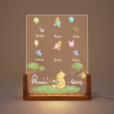 Custom Names Classic Winnie the Pooh LED Night Light, Acrylic Night Lamp with Wooden Base, Home Decor, Mother's Day/Father's Day Gift for Mom/Dad