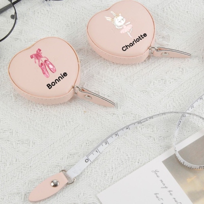 Personalized Ballet Pattern Heart Tape Measure with Name, PU Leather Retractable Tape Measure for Dress/Body Measurements, Gift for Ballet Lovers/Her