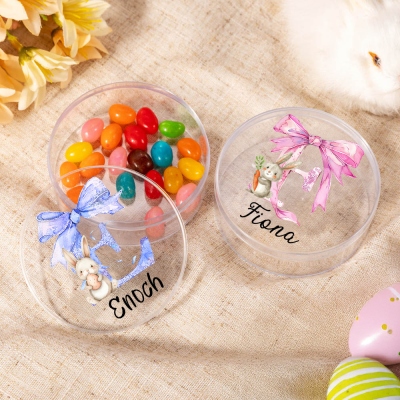 Custom Name Bunny & Bow Alphabet Treat Boxes, Easter Round Clear Candy Boxes Set of 2, Easter Basket Stuffers, Party Favors, Easter Gifts for Kids