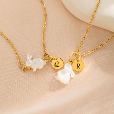 Personalized White Rabbit Necklace with Initial Charm, Mother of Pearl Bunny Necklace, Lucky Rabbit Jewelry, Easter Gift for Women/Girls/Animal Lovers