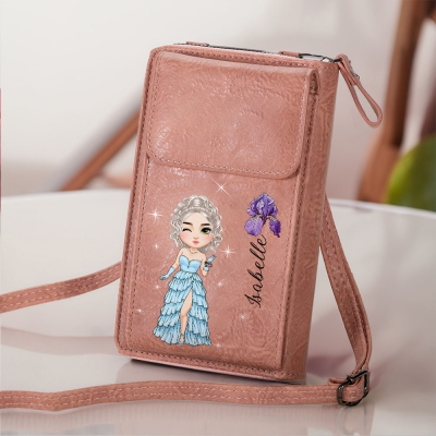 Personalized Name Prom Queen Phone Wallet with Birth Flower, Retro Leather Crossbody Bag with Adjustable Strap, Gift for Girl/Women/Her