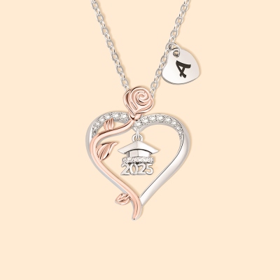 Custom Rose Heart Graduation Necklace with Engraved Initial Charm, Class of 2024/2025 Bachelor Cap Jewelry, Graduation Gift for Girls/Daughter/Sister