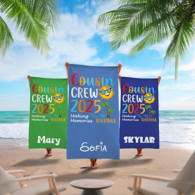 Custom Cousin Crew 2025 Beach Towel with Name, Quick Dry Bath Towel, Vacation/Sunbathing/Beach/Pool Party Favor, Summer Gift for Kids/Cousin/Family