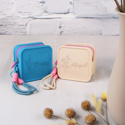 Custom Name Birth Flower Portable Organizer, Multifunctional Silicone Storage for Cosmetic/Digital Accessory/Jewelry, Birthday Gift for Her/Friends