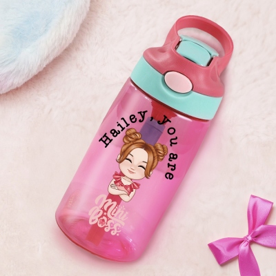 Personalized You Are Mini Boss Cartoon Kid Water Bottle with Name, Kid Cup with Silicone Straw & Handle, Outdoor Accessories, Gifts for Boys/Girls