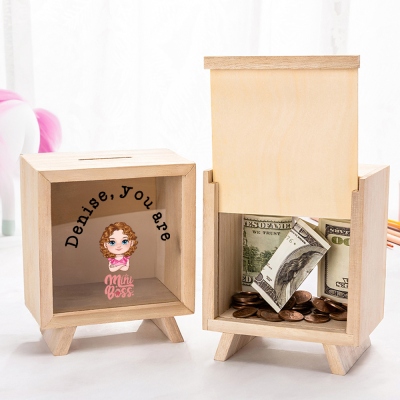 Personalized You Are Mini Boss Cartoon Kid Clear Wooden Money Box with Name, Children's Piggy Bank, Birthday/Children's Day Gift for Boys/Girls