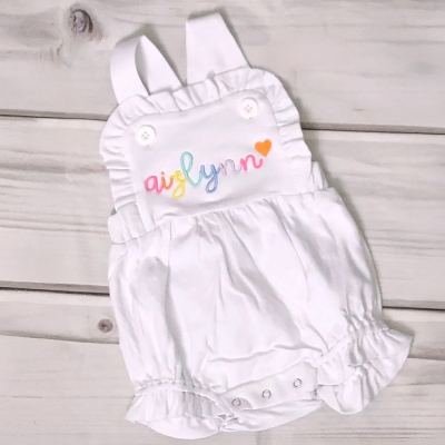 Girls personalized romper, girls name sunsuit, girls bubble name Rainbow Ruffle Outfit Boutique 3 6 12 months 2T