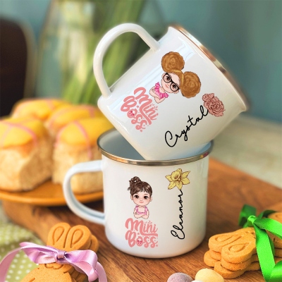 Personalized Mini Boss Cartoon Character Enamel Mug, Custom Name & Birth Flower 12oz Kid Cup, Back to School/Birthday Gift for Kids