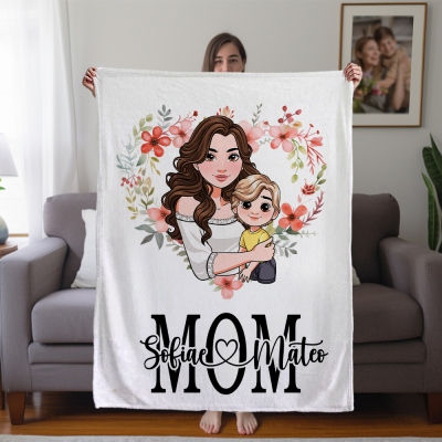 Personalisierte Mama &amp; Kind Cartoon Charakter Decke mit Herzblume, Personalisierter Name Weiche Flanell Sherpa Decke, Muttertags-/Geburtstagsgeschenk für Mama/Kind