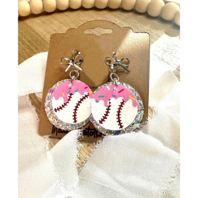 Custom Ice Cream Dripping Baseball Earrings with Glitter & Bow, Kawaii Baseball Donut Earrings, Birthday Gift for Baseball Mom/Baseball Lovers/Her