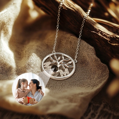 Personalized Family Tree Necklace with MOM Roots, Micro-carved Photo Engraved Custom Pendant, Meaningful Mother’s Day Gift for Mom or Grandma