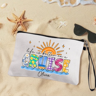Personalized Name Life Is Better on a Cruise Cosmetic Bag, Linen Makeup Pouch with Wrist Strap, Travel Accessory, Vacation Gift for Family/Friends