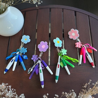Custom Flower Badge Reel with Mini Highlighter, Marker, Retractable Pen, Nursing Keychain Clip, Dental Assistant Accessories, Nurse/Lab Week Gift