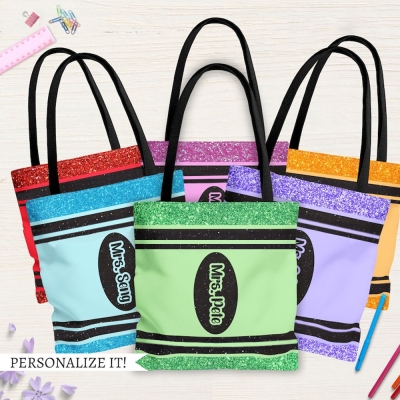Personalized Crayon Teacher Tote Bag with Name, Large Capacity Bag for Work, Cute Back to School Supplies, Teacher Appreciation Gift for Women
