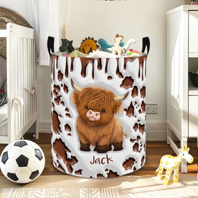 Personalized Name Highland Cow Storage Basket, Large Capacity Laundry Basket with Handles, Housewarming/Birthday Gift for Kids/Highland Cow Lovers