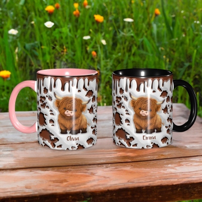 Personalized Highland Cow Mug with Name, 11oz/15oz Two Tone Ceramic Coffee Tea Mug with Coaster, Birthday/Christmas Gift for Highland Cow Lovers