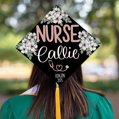 Custom Name Cherry Blossom Nurse Graduation Cap Topper, BSN RN Grad Cap Topper, Class of 2025 Nursing School Graduation Decor, Nurse Graduation Gift