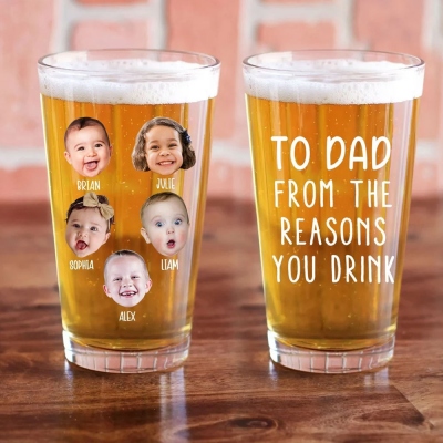 Personalized Kids Name & Face Photo Beer Glass, 16oz Pint Glass with 1-6 Child Portraits, Father's Day/Birthday/Housewarming Gift for Dad/Family