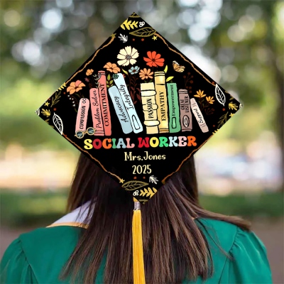 Custom Name Floral Books Social Worker Graduation Cap Topper, BSW MSW Grad Cap Topper, Class of 2025 Graduation Decor, Social Worker Graduation Gift