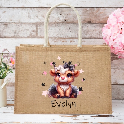 Personalized Name Cartoon Baby Girl Highland Cow Burlap Tote Bag, Large Capacity Jute Handbag with Cotton Pocket, Gift for Highland Cow Lovers/Women