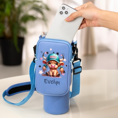 Custom Name Cartoon Baby Girl Highland Cow Tumbler Carrier Bag with Pouch, Cup Holder Pouch with Strap, Compatible with 40oz Tumbler, Gift for Women