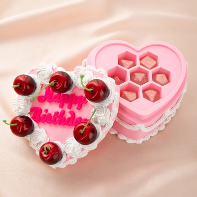 3D Printed DND Birthday Cake Dice Storage Box, Fake Cake Trinket with Birthday Wishes, Coquette Bow Cherry Decor Heart Dice Box, Gifts for Women