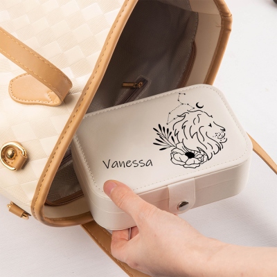 Personalized Birth Flower Zodiac Sign Jewelry Box with Name, PU Leather Travel Jewelry Case, Birthday/Christmas/Anniversary Gift for Women/Girls