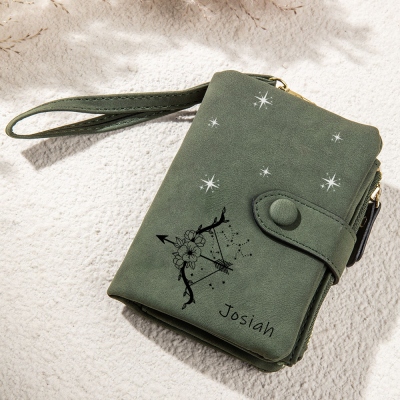 Personalized Name Zodiac Sign Birth Flower Wallet, PU Leather Card Holder with Card Slots and Wrist Strap, Birthday/Christmas Gift for Women/Girls