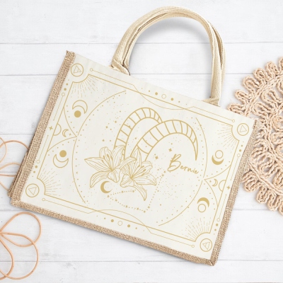Custom Name Zodiac & Birth Flower Jute Tote Bag, Large Capacity Burlap Bag with Handle, Reusable Shopping Bag, Mother's Day/Birthday Gift for Mom/Her
