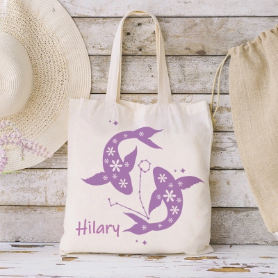 Personalized Zodiac Sign Birth Flower Canvas Handbag with Name, Large Capacity Reusable Shopping Bag, Birthday/Mother's Day Gift for Her/Mom/Family