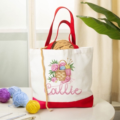 Custom Name Multicolor Floral Yarn Basket Tote Bag, Large Capacity Canvas Knitting Tote Bag, Birthday/Mother's Day Gift for Crochet Lovers/Mom/Grandma
