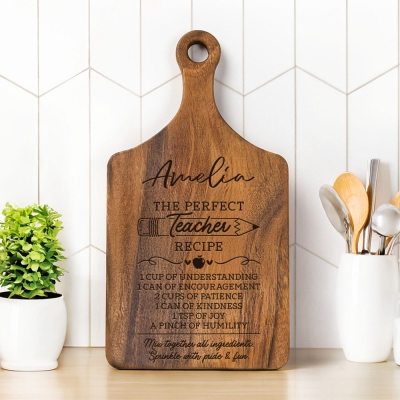 Personalized Name Engraved Perfect Teacher Recipe Cutting Board with Handle, Wooden Chopping Board, Teacher's Day/Appreciation Gift for Teachers