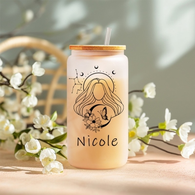 Personalized Name Zodiac Sign Floral Frosted/Clear Glass Cup, 20oz Tumbler with Straw & Bamboo Lid, Birthday/Wedding Gift for Women/Girls/Bridesmaids