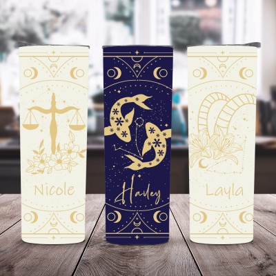 Personlig stjärnteckenblomdesign med namn, resemugg i rostfritt stål 20oz med sugrör, födelsedags-/julpresent till kvinnor/flickor/vänner