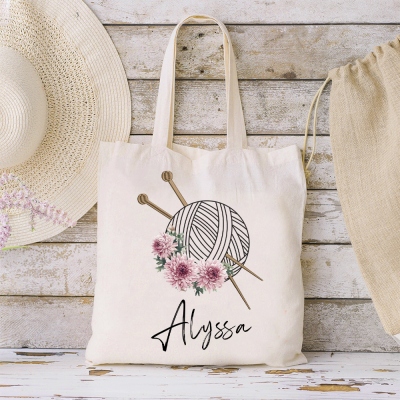 Custom Birth Flower Yarn Ball Handbag with Name, Large Capacity Canvas Knitting Tote Bag, Birthday/Mother's Day Gift for Knitting Lovers/Mom/Her
