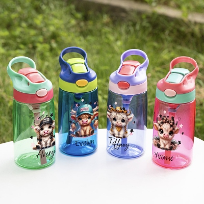 Personalized Name Cartoon Highland Cow Water Bottle, 16oz Kids Cup with Silicone Straw & Handle, Birthday/Back to School Gift for Kids/Boys/Girls