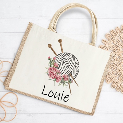 Custom Name Birth Flower Yarn Ball Tote Bag, Large Capacity Jute Handbag with Cotton Pocket, Birthday/Mother's Day Gift for Knitting Lovers/Her/Mom