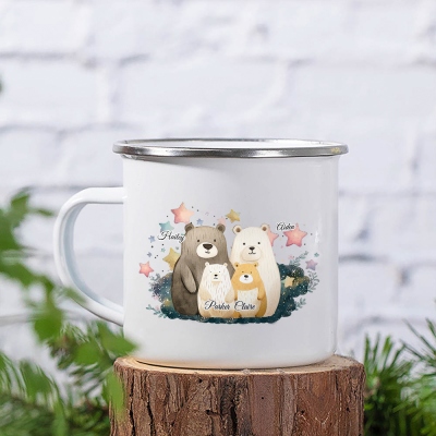 Personalized Name Bear Family Design Enamel Mug, 11oz Shatterproof Water Cup with Handle, Family Party Favors, Birthday/Christmas Gift for Family/Kids