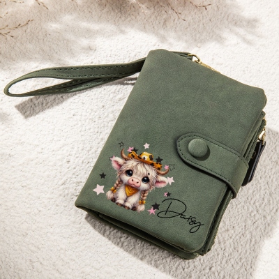 Personalized Name Cartoon Highland Cow Wallet, PU Leather Card Holder with Wrist Strap, Birthday/Christmas Gift for Highland Cow Lovers/Women/Girls