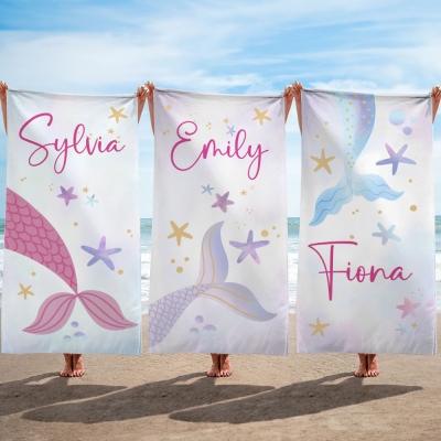 Personalized Name Mermaid Tail Beach Towel, Quick Dry Microfiber Bath Towel, Summer Vacation/Beach/Pool Party Favor, Gift for Girls/Kids/Family