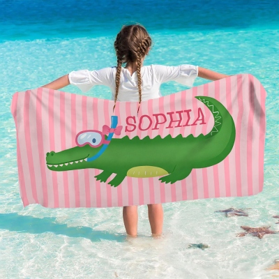 Custom Name Cute Alligator Striped Beach Towel, Quick Dry Microfiber Bath Towel, Summer Vacation/Beach/Pool Party Favor, Gift for Kids/Boys/Girls