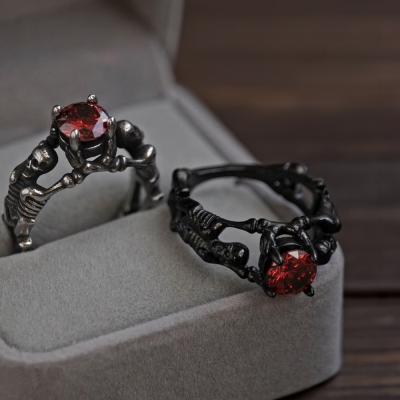 Custom Skull Ring with Birthstone, Gothic Engagement Rings, Vintage Witch Skeleton Promise Ring, Vampire Jewelry, Love Till Death Ring, Gift for Women