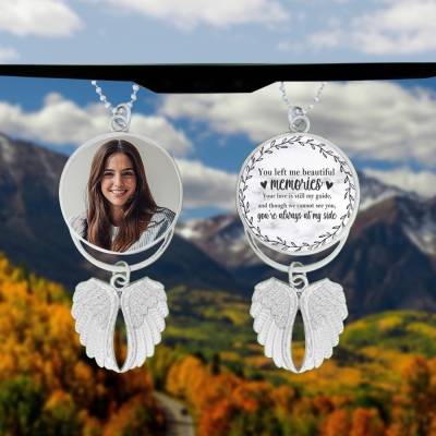 Personalized Photo Car Ornament, Angel Wings Memorial Hanging Charm, Custom Pet Picture Rear View Mirror Accessory, Bereavement Sympathy Gift for Loss