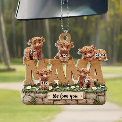 Custom Name Cute Highland Cow Car Hanging Charm, Mama We Love You Acrylic Car Ornament, Rear View Mirror Decor, Mother's Day/Birthday Gift for Mom