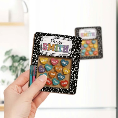 Personalized Name Notebook Shaker Magnet, Custom Fridge Magnet with 1-30 Heart Charms, Classroom Decor. Appreciation/Teacher's Day Gift for Teachers