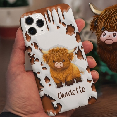 Personalized Name Highland Cow Phone Case, Double Layer TPU Highland Cattle Phone Case for iPhone, Gift for Highland Cow Lovers/Family/Friends