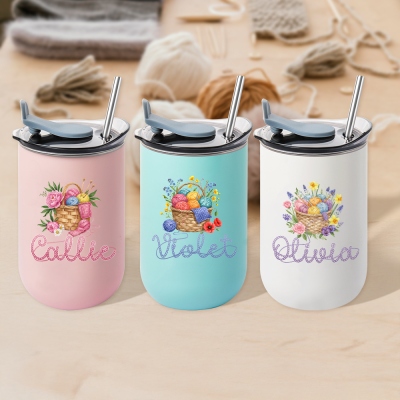 Custom Name Watercolor Floral Yarn Basket Coffee Tumbler with Straw & Lid, 10oz Insulated Cup, Housewarming/Birthday Gift for Crocheter/Knitting Lover