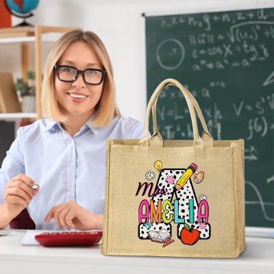 Personalized Name & Initial Teacher's Burlap Tote Bag, Large Capacity Pencil Book Apple Design Jute Bag, Teacher's Day/Appreciation Gift for Teachers