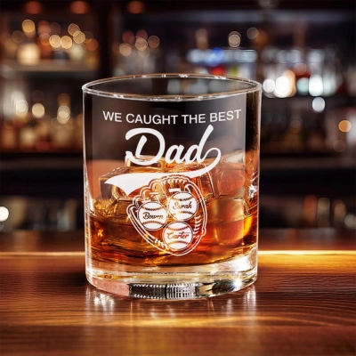 Personalized We Caught The Best Dad, Personalized Whiskey Glass Gift For Him, Custom Kid's Name Baseball, Father's Day Gifts, Gifts for Dad